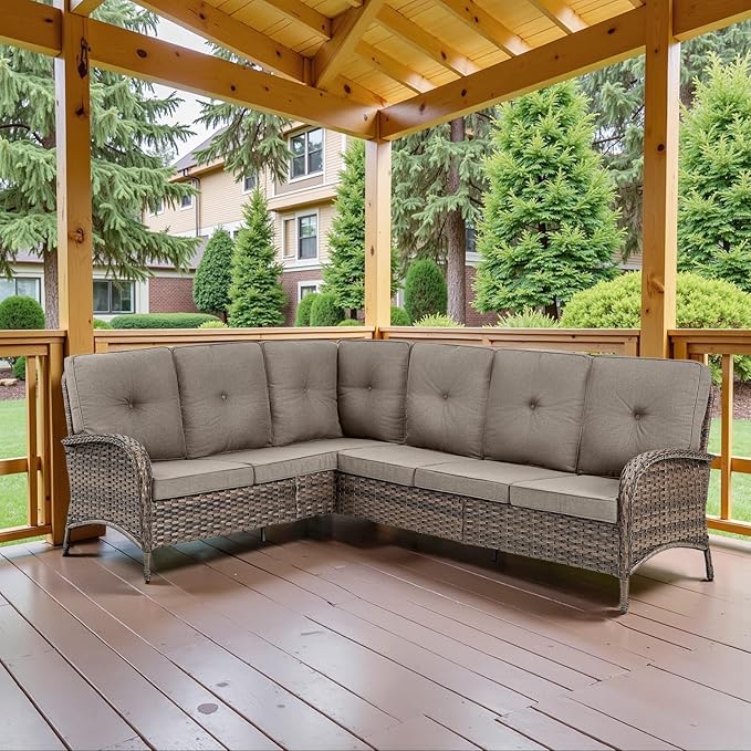 Belord 6-Seater Outdoor Sectional Sofa L Shaped Couch Patio Conversation Furniture Set, PE Wicker Patio Sectional Sofa with Removable Gray Cushion for Deck Backyard Sunroom