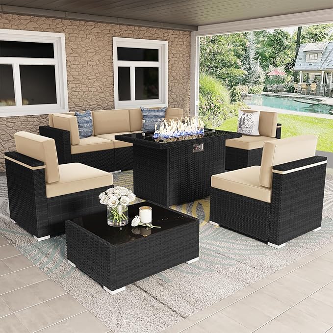 8 Pieces Patio Furniture Set with 44" Propane Gas Fire Pit Table, Outdoor Sectional Wicker Conversation Sofa Sets with Coffee Table
