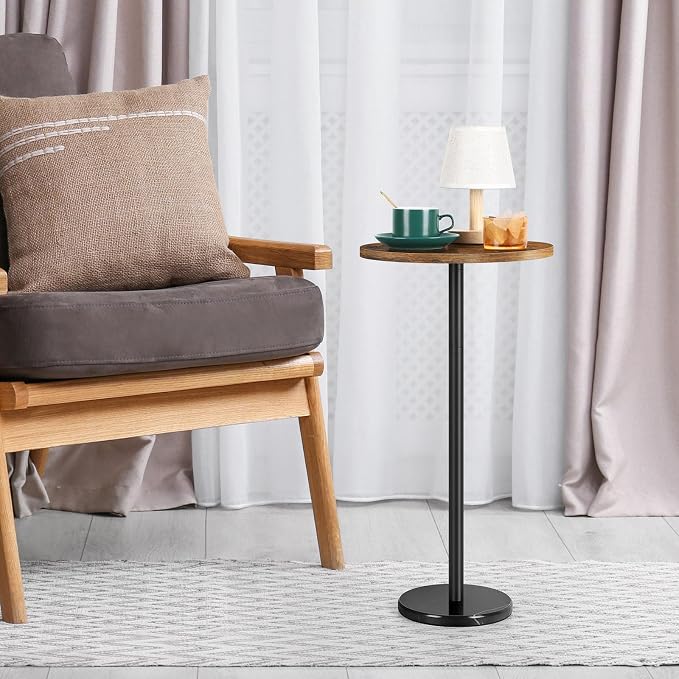 OYEAL Drink Side Table Small Round Cocktail Table for Patio Outdoor Pedestal Side Table Coffee Table with Black Marble Base for Sofa Couch, Rustic Brown & Black