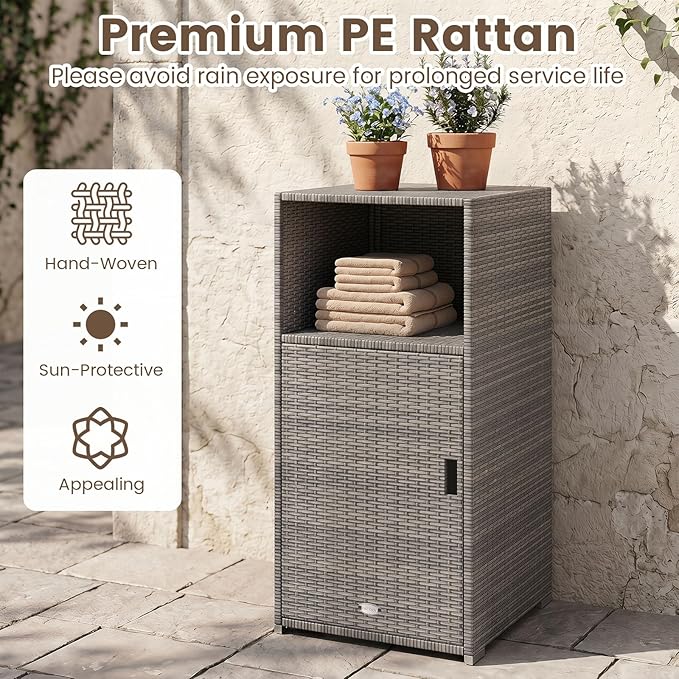 Tangkula Rattan Outdoor Storage Cabinet, Patiojoy PE Wicker Outdoor Cabinet with 3 Storage Shelves, Open Compartment and Door, Patio Storage Deck Box for Porch, Poolside, Backyard