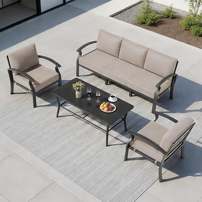 Aluminum Outdoor Patio Furniture Set,5 Seats Patio Conversation Sets with Rectangular Coffee Table,Metal Patio Sectional Furniture Set with 5.1" Thickened Cushions,Sand