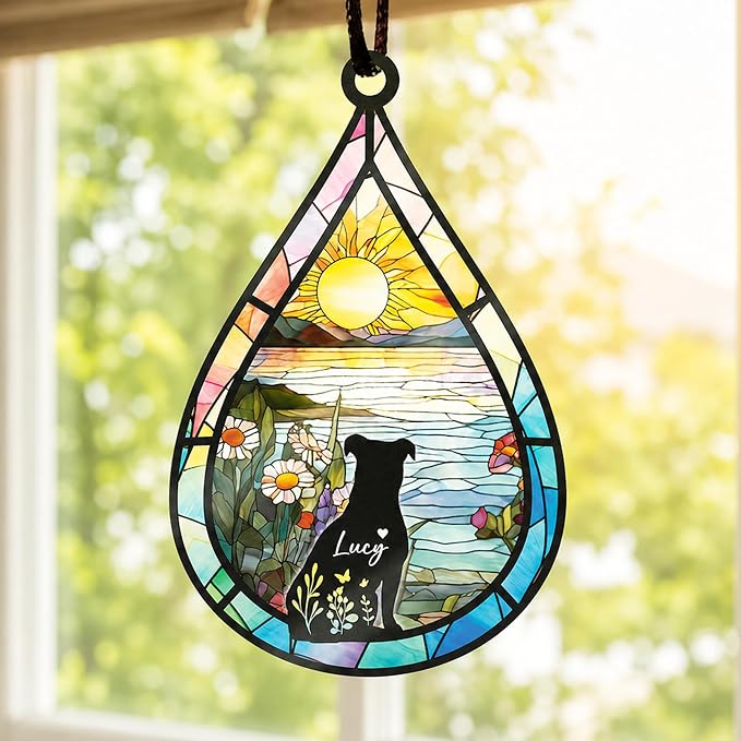 Personalized Pet Memorial Suncatcher, Custom Dog Cat Memorial Window Hanging with Photo & Name, Stained Glass Style Memorial Suncatcher, Rainbow Bridge Sympathy Gift for Pet Lovers