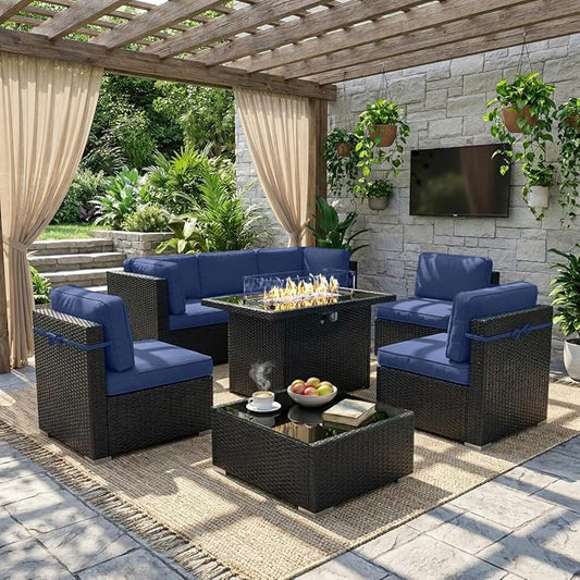 LayinSun 8 Piece Patio Furniture Set with 44" Propane Gas Fire Pit Table, Outdoor Sectional Conversation Set Wicker Rattan Sofa Set with Coffee Table