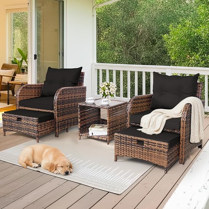 5 Pieces Wicker Outdoor Patio Chairs Set with Ottoman Patio Conversation Furniture Set with Ottoman Underneath All Weather Brown PE Rattan Balcony Furniture Set & End Table, Black Cushion