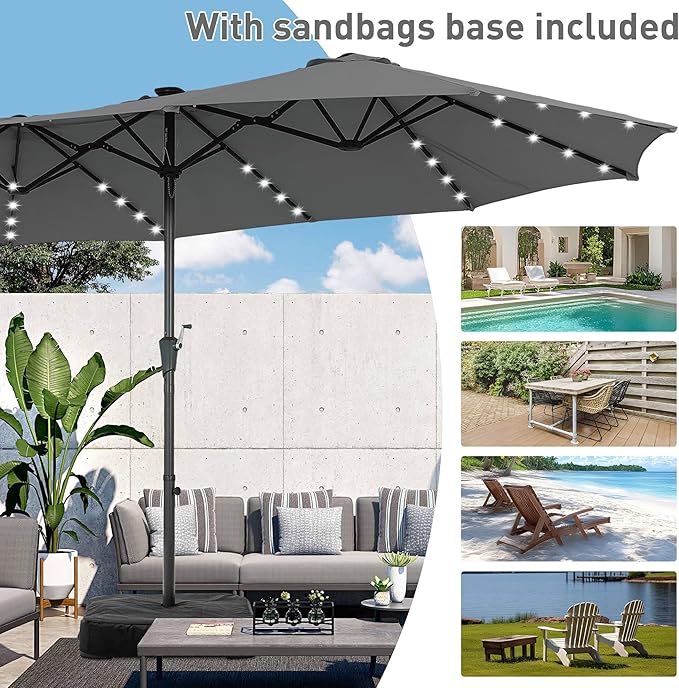 15 ft Patio Umbrella with 48 LED Lights, Large Rectangle Outdoor Solar Umbrella with Matching Base, Strap, Crank, Grey
