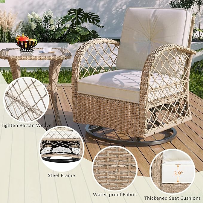 3-Piece Outdoor Chair&Table Set Chat Set, Outdoor Patio Set Modern Rattan Chair Furniture Sets with Two Swivel Chairs and a Square Table 2-Person Rattan Seating Group for Garden, Balcony, Natural