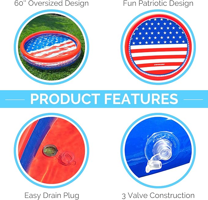 SWIMLINE Americana 3 Ring Kiddie Pool 60'' X 12'' | For Kids Toddlers Children Adults| Ball & Sand Pit Outdoor Indoor Garden Backyard Summer Fun | Blow Up Thick Durable Inflatable Splash Pad Sprinkler