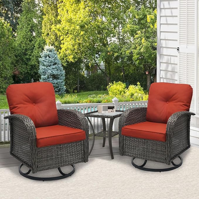 SHGJ&SOFT 3 Piece Patio Furniture Set, 2 Outdoor Swivel Rocking Chairs with Side Table, Wicker Glider Chairs, All-Weather Rattan Bistro Set for Porch, Deck, Pool (Red, Grey Full-Weave Rattan)