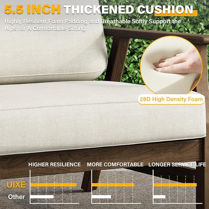 3 Piece Wood Patio Chair Outdoor Bistro Set, Outdoor Armchair All Weather Patio Sofa Furniture Backyard Conversation Sets with Wooden Side Table, Beige