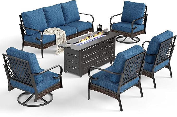 6 Piece Black Metal Outdoor Patio Furniture Sets with Firepit Table, Patio Conversation Sets 1 3-Seater Sofa, 2 Leg Sofa and 2 Swivel Chair with 5.75" Cushion for Backyard Deck, Blue-2