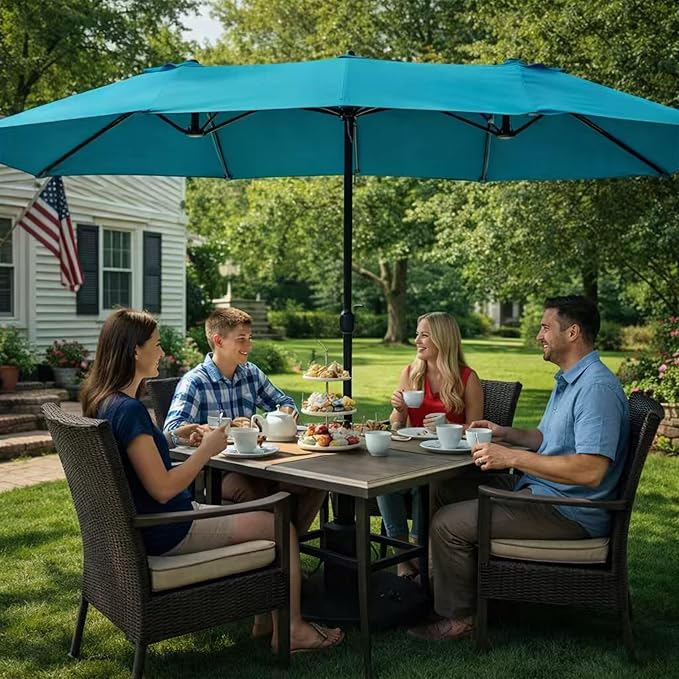 Kozyard 15 FT Double-Sided Rectangular Patio Umbrella, Base Included, Crank Lift Outdoor Patio Umbrella with UV Protection for Backyard, Pool & Garden Blue