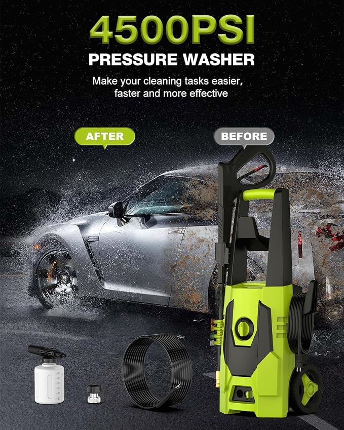 4500PSI PressureWasher PowerWashers 4 Quick Connect Nozzles and Foam Cannon for Cars Driveways Patios Fences