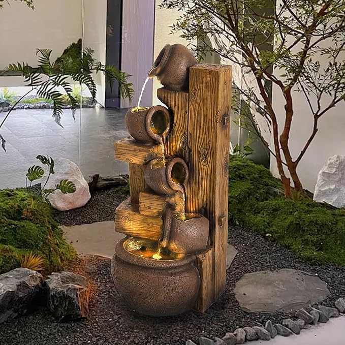 5-Tiered Garden Waterfall Fountain Outdoor - 40''H Water Fountains and Waterfalls, Large Outdoor/Indoor Floor Standing Resin Water Fountain with LED Light for Patio, Garden and Home (Brown)