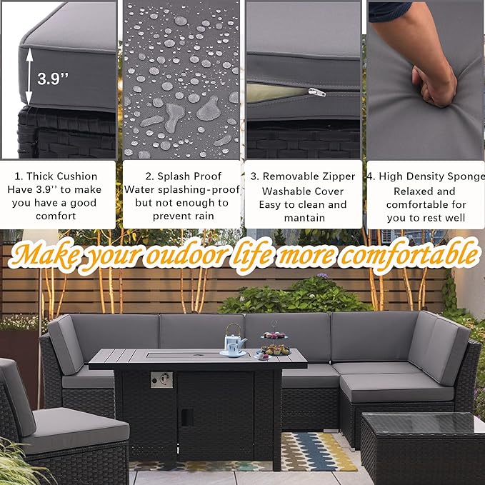 Patio Sofa Set with 46 Inch Firepit Table Coffee Table Outdoor Sectional Patio Conversation Set Patio Furniture All Weather/Thick Cushion/ 8 PCS Rattan Outdoor Sofa