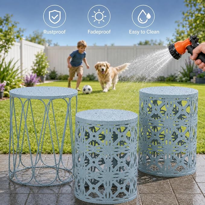 Y&M Outdoor Side Tables Set of 3, Metal Stacking Patio Side Tables for Outside, Round Indoor End Tables, Decorative Garden Stool Plant Stand for Patio Garden Balcony Porch, Light Blue