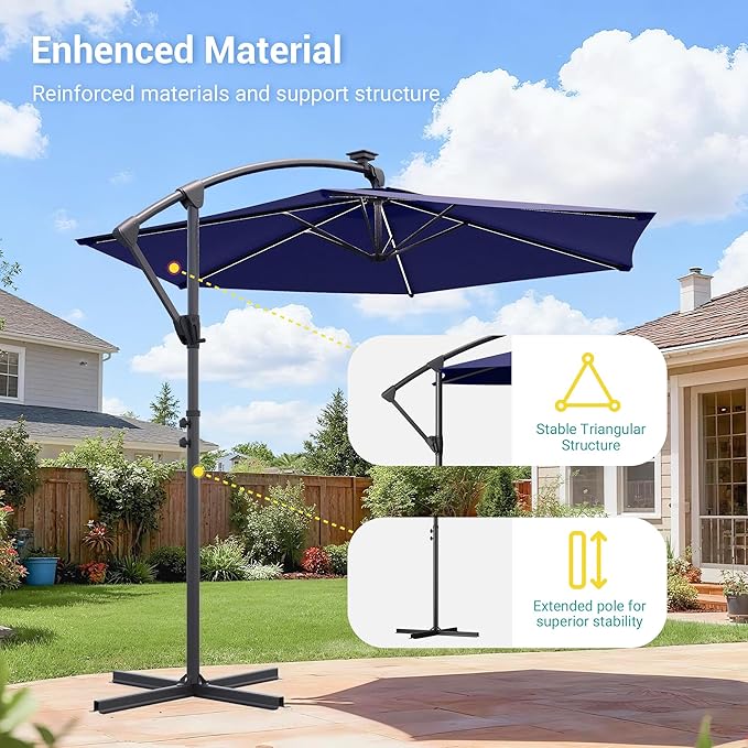 10ft Offset Patio Umbrella with Solar Light Strips,Outdoor Cantilever Hanging Umbrella with Cross Base, Fade Resistant Recycled Fabric, for Pool, Deck, Garden,Backyard,