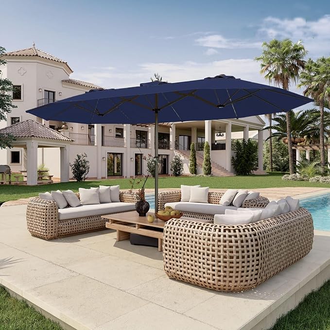15FT Double Sided Patio Umbrella with Base Included Large Outdoor Market Umbrella with Crank Handle, UV Resistant Canopy, Sturdy Frame for Garden, Poolside, Deck, Navy Blue