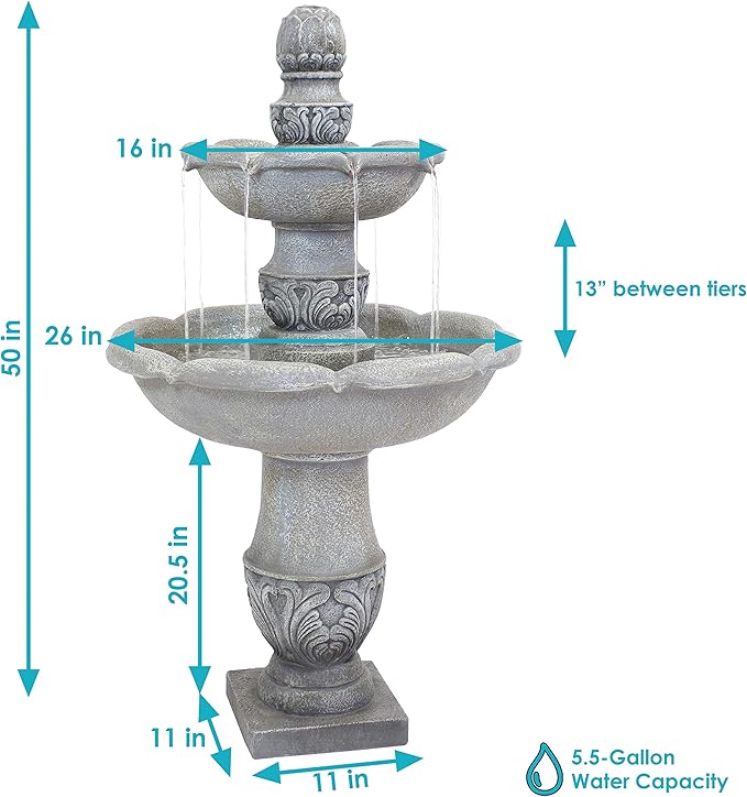 Sunnydaze 50-Inch 2-Tier French Garden Outdoor Water Fountain - Glass Fiber Reinforced Concrete Construction - Dusty Gray