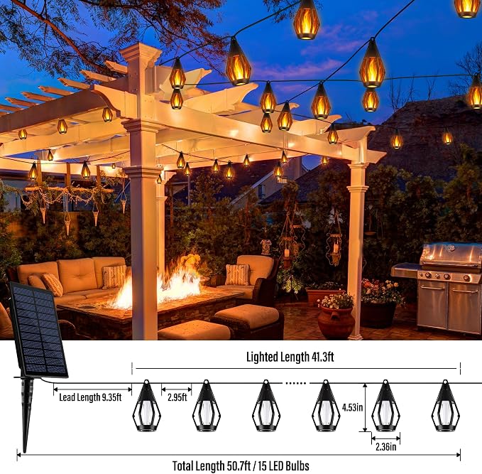 iBaycon Solar Flame String Lights, 42FT 15 LED Bulbs Waterproof, Warm White | Ultra-Real Flickering Flame Lamp Outdoor Waterproof, Solar Patio String Lights for Garden Yard Lawn Decorations