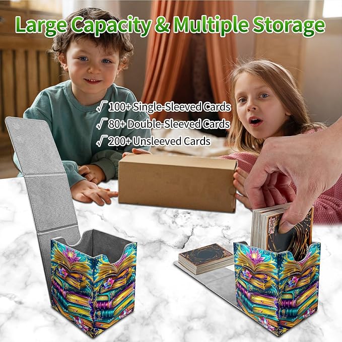 Deck Box for MTG, Cards Storage Box Fits 120+ Sleeved, Leather Medium Size Strong Magnetic Closing Card Case for Board Games Magic TCG CCG Baseball Collection, Book Lotus Flower