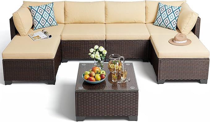 Gizoon 7 Pieces Outdoor Patio Furniture Set, All-Weather PE Rattan Wicker Sectional Sofa Seating with Waterproof Cushions and Coffee Table, Outdoor Conversation Set for Garden, Backyard, Balcony
