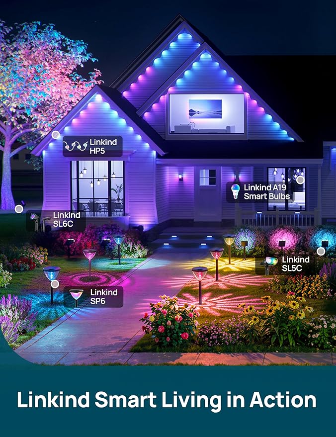Linkind Smart Solar Pathway Lights SP6, App/Voice Control Solar Lights Outdoor Waterproof, 43+ Preset Scenes, Cool/Warm White/Color-Changing Outdoor Garden Lights for Yard, Patio, 4 Pack