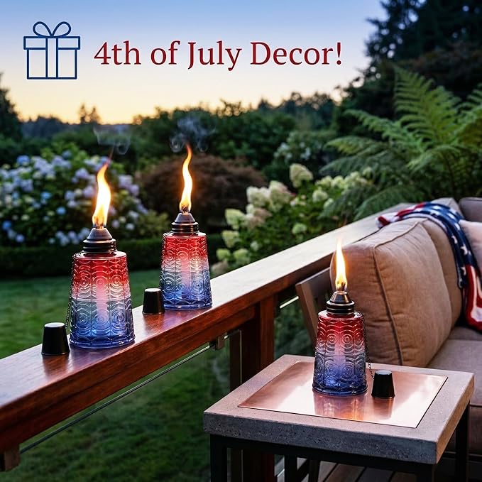 Seraphic Citronella Table Top Torches for Outdoor Patio, 16oz Decorative Glass Torch Citronella Candles for Outside Deck, Garden, Parties, Set of 3, Red/White/Blue