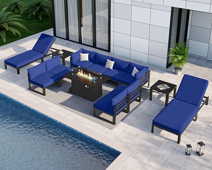 NICESOUL 13 Piece Large Contemporary Aluminum Outdoor Furniture Set with Chaise Lounge & Fire Pit Table, 29" Deep Couch Set, 500 lbs High Weight Capacity Patio Sectional Sofa for Poolside, Navy Blue