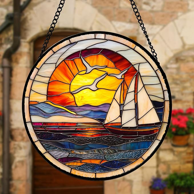 DASTOLL Stained Glass Window Hanging, Sun Ocean Sailboat Seagull Abstract Suncatcher Diamond Glass Panel Sun Catchers Decor for Birthday for Women, Men, Wife, Aunt, and Mom 6.3 in