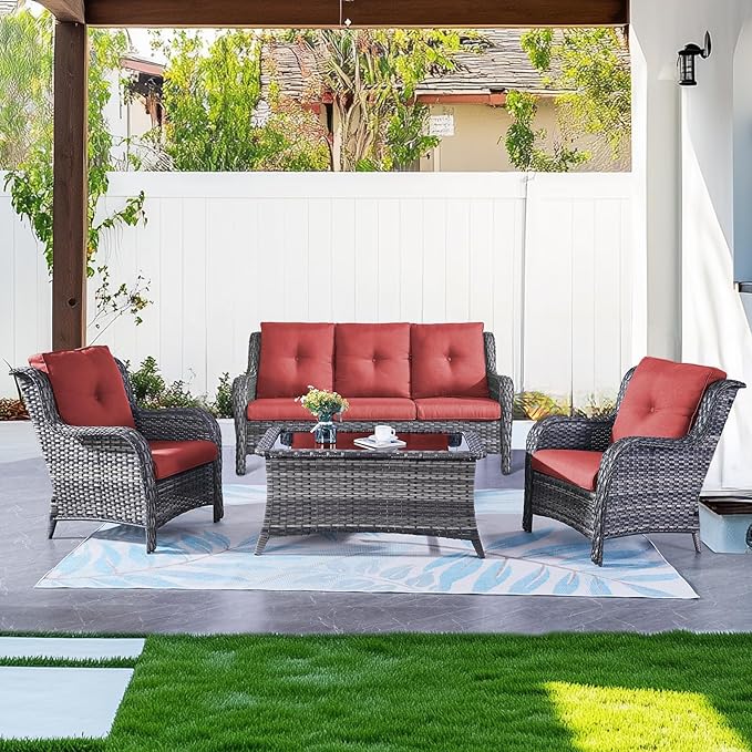 Belord Patio Wicker Furniture 4 Pieces Outdoor Furniture Set Patio Sofa Set with Wicker Chairs and Coffee Table, Paito Conversation Set for Porch Garden Deck Balcony Poolside Grey Red