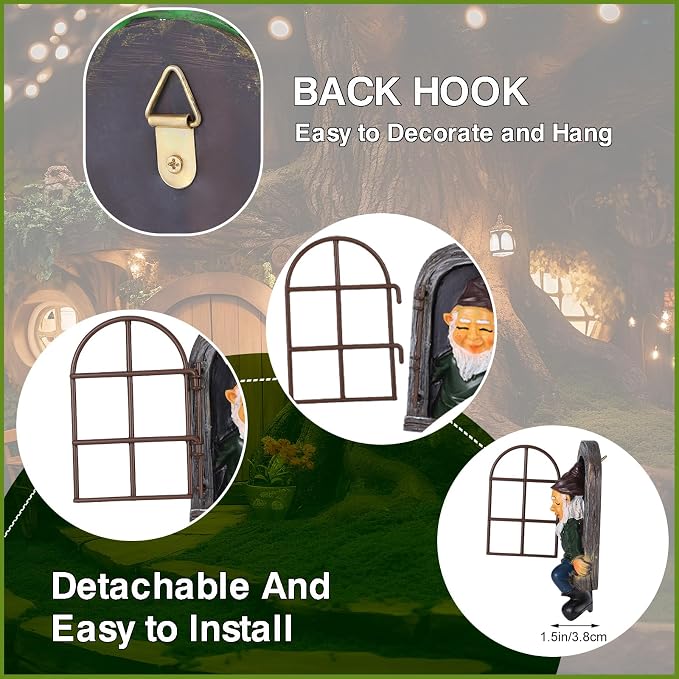 7 Pcs Fairy Garden Accessories Tree Hugger Gnome Statue Tree Faces | Fairy Door Window Set Dwarf Elf Landscape Figurine Out The Door Resin Sculpture Hanging Decor for Trees Outdoor Decor