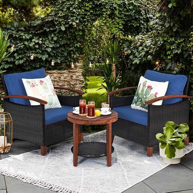 3PCS Patio Rattan Furniture Set Solid Wood Frame Cushion Sofa Round Table Shelf Seat Cushion (Color : A) (B)