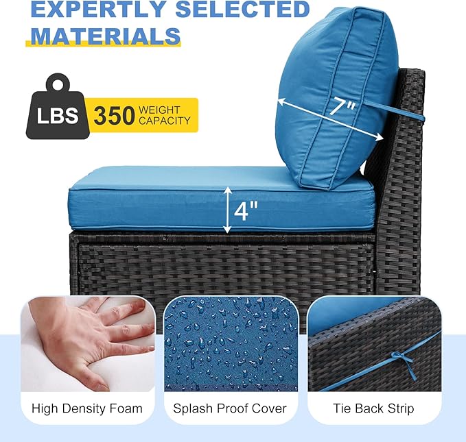 Patio Furniture Set, 8 Pieces Outdoor Couch Sofa with Wider Armrests & Glass Coffee Table, Outdoor Sectional Furniture with Thick Cushions for Party, Poolside,Garden-Peacock