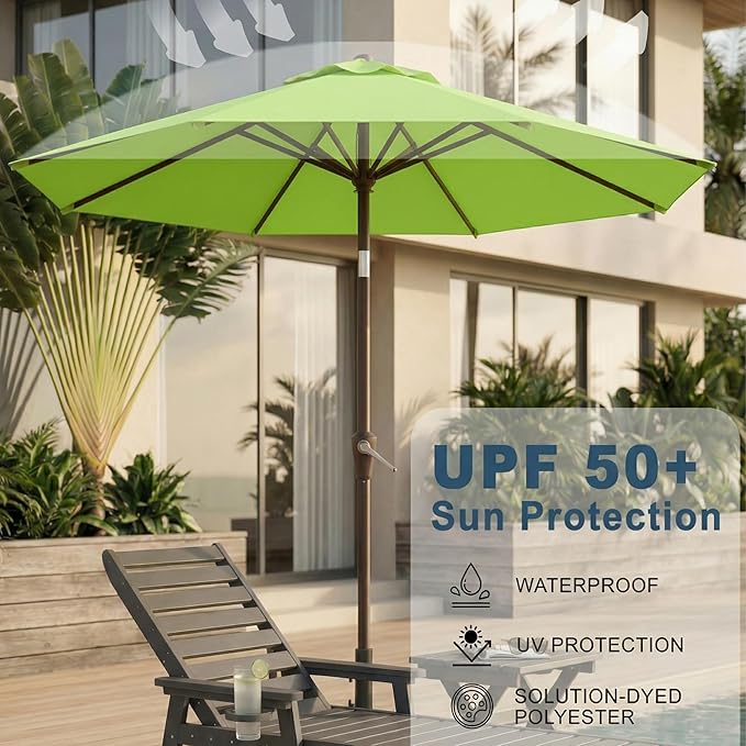 10FT Patio Umbrella, Outdoor Umbrella with Push Button Tilt and Crank, 8 Sturdy Ribs, UV Protection & Waterproof Market Umbrella for Pool, Backyard, Beach,Deck (Apple Green)