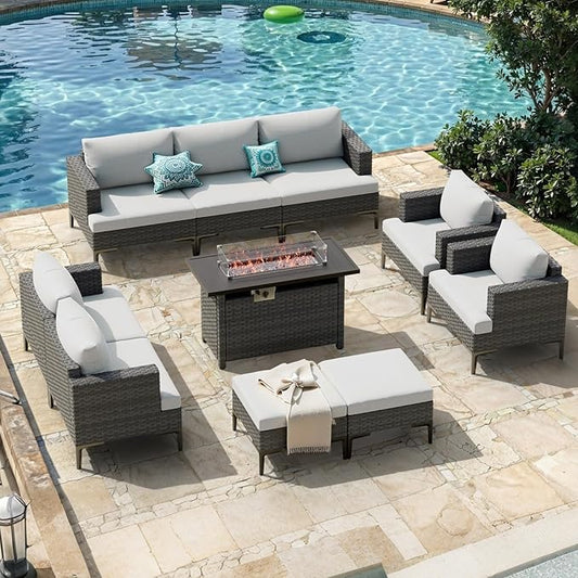 10 Pieces Patio Sectional Furniture Set with 44" Propane Fire Pit Table, 60000BTU Wicker Outdoor Sectional Coversation Set, Thick Cushion Deep Seat, Outdoor Furniture for Porch,Backyard,Deck (Grey)
