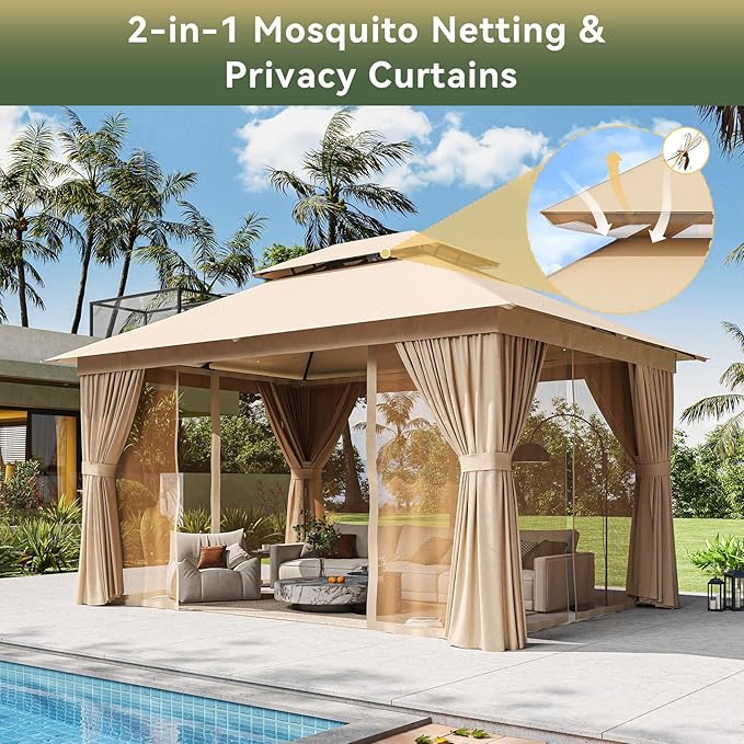 12'x10' Gazebo, Outdoor Gazebo Metal Frame Canopy with Double Roofs, Heavy Duty Patio Tent Shelter with Mosquito Netting and Privacy Screen for Backyard, Beige