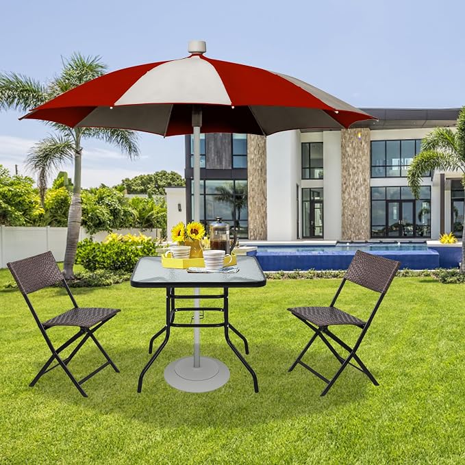 Square Outdoor Table with with Umbrella Hole, 32 Inch Tempered Glass All Weather Umbrella Table Outdoor Tables for Pool, Lawn, Balcony