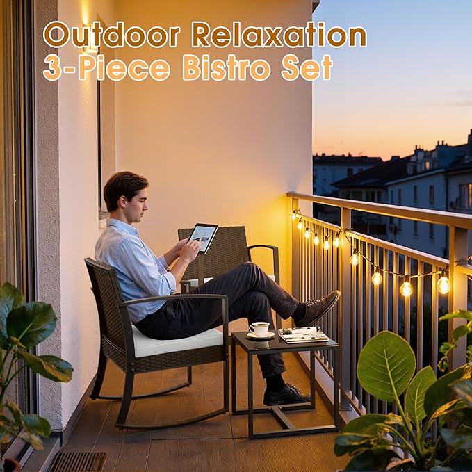 Greesum 3 Pieces Outdoor Furniture Set Patio Bistro Rocking Chairs with Glass Coffee Table for Pool Beach Backyard Balcony Porch Deck Garden, White