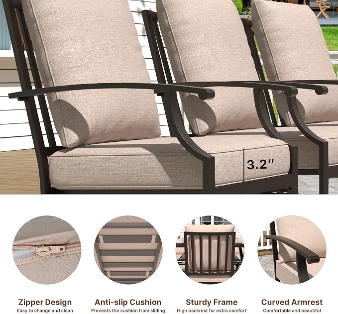 Gotland 7 Piece Outdoor Dining Set, Metal Outdoor Table and Chairs with X-Shaped Legs 1.5" Umbrella Hole, Patio Furniture Set with Waterproof Cushions, Patio Dining Sets for Backyard Deck Khaki