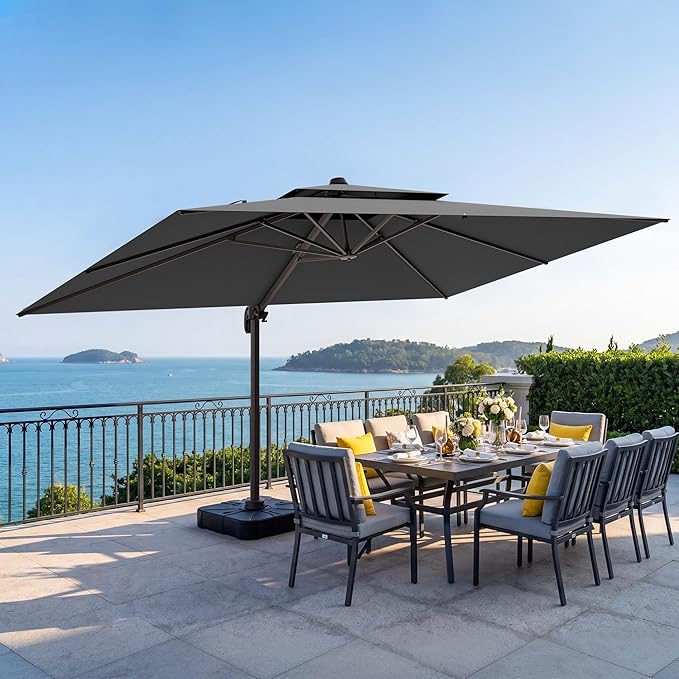 10x13 FT Patio Cantilever Umbrella (Base Not Included) (Base Not Included), Rectangular Heavy Duty Offset Umbrella for 8-10 People, 360°Rotation & Mult Tilt, Double Top Design, for Pool Garden Deck (Grey)