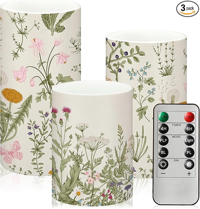 Baquler Wildflowers Floral Spring Glass Flameless Candles with Remote Timer Battery Operated LED Flickering Pillar Seasonal Summer Butterfly Dinner Holiday Decor
