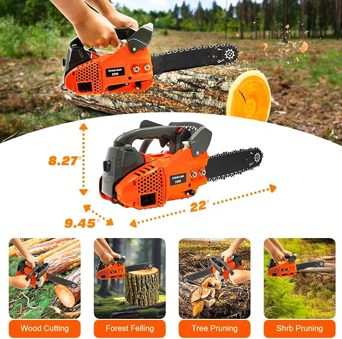 25.4CC 2-Cycle Top Handle Chainsaw Gas Chainsaws, 11.8 Inch Gas Powered Petrol Handheld Cordless Gasoline Chain Saw w/Safety Lock & Automatic Return Switch for Wood Pruning, Tree Stump Trimming