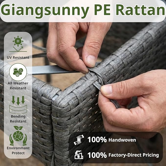 GIANGSUNNY 4 Piece Patio Furniture Set, Outdoor Hand-Woven Wicker Rattan Conversation Set with Double-Sided Tempered Glass Table, Weather-Resistant Seating for Patio, Balcony, Porch, Garden (Grey)