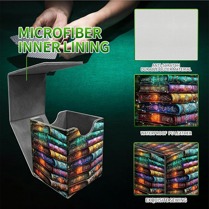 Colorful Books Card Deck Box for MTG, Personalized Card Storage Case Fits 120+ Sleeved Cards, Premium Leather TCG Box with Strong Magnetic Closure for Magic, CCG, PTCG, Baseball Cards