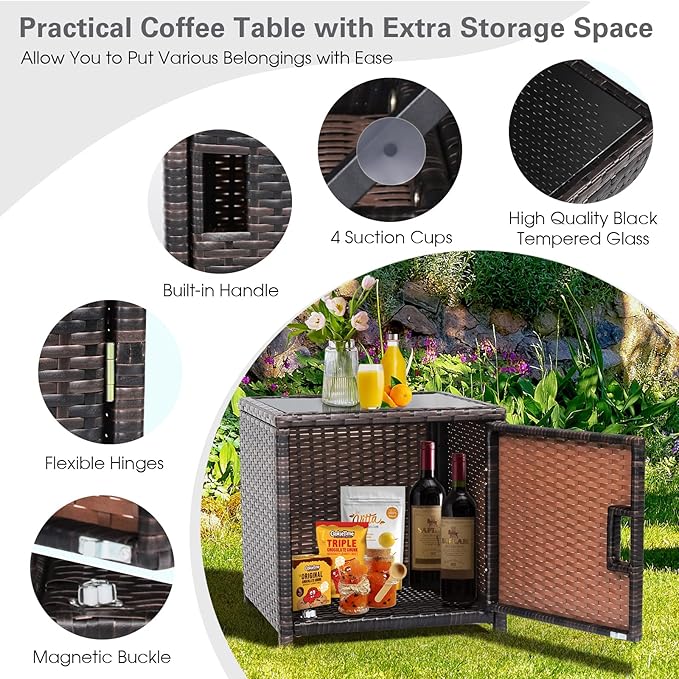 Tangkula 3 Pieces Outdoor Wicker Conversation Set with Waterproof Cover, 2 Patio PE Rattan Cushioned Chairs with Side Storage Table, Suitable for Front Porch, Balcony, Garden, Poolside and Yard (Grey)