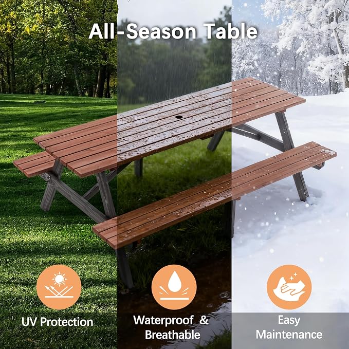 8 Person Rectangle Picnic Table, 75 in Outdoor Picnic Table with 2 Benches, Umbrella Hole, Outside Wood Dining Table for Patio, Backyard, Garden, Porch, 2220lb Capacity, Rustic Brown & Black