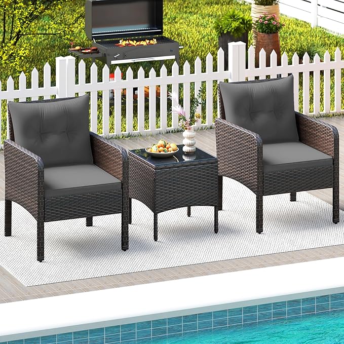HAPPYGRILL 3 Piece Patio Bistro Set Rattan Wicker Outdoor Conversation Set with Cushions and Coffee Table, Outside Furniture with Rattan Chairs for Porch, Balcony, Deck and Garden (Gray)