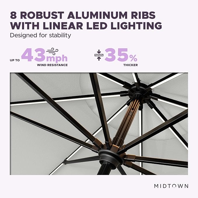 Midtown Umbrellas The LED Swilt 8 Feet Patio Umbrella With Terylast Off Cream (Off White) Polyester Fabric - Auto-Tilt Aluminum Frame With LED Lights For Backyard, Deck, Garden, Pool - Black Pole