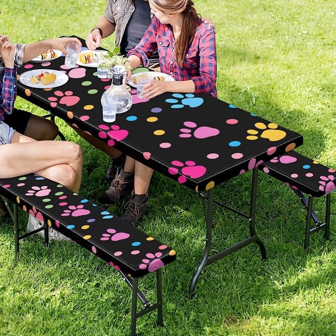 Dog Paw Picnic Table Cover with Bench Covers Waterproof and Breathable Table Covers for 8 Foot Tables 3 Pcs Picnic Table Bench Covers Camping Essentials for Camper, 94x30 Inches