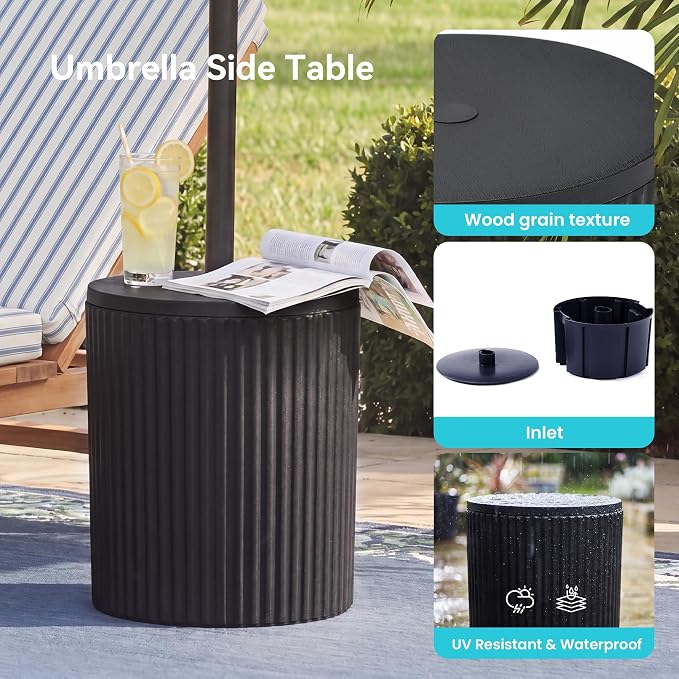 COSIEST Outdoor Side Table with Umbrella Hole,Patio Umbrella Stand Fits 1.5"-1.9" Pole,Durable Umbrella Side Table for Garden, Deck & Pool,Easy Assembly,Black